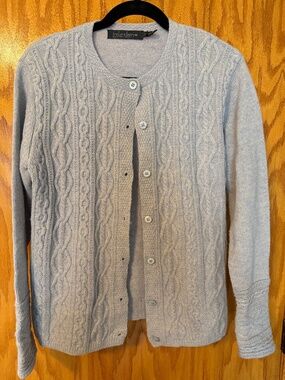 Irelandseye Wool Cashmere Cable Knit Cardigan Sweater Light Blue Womens Size LG